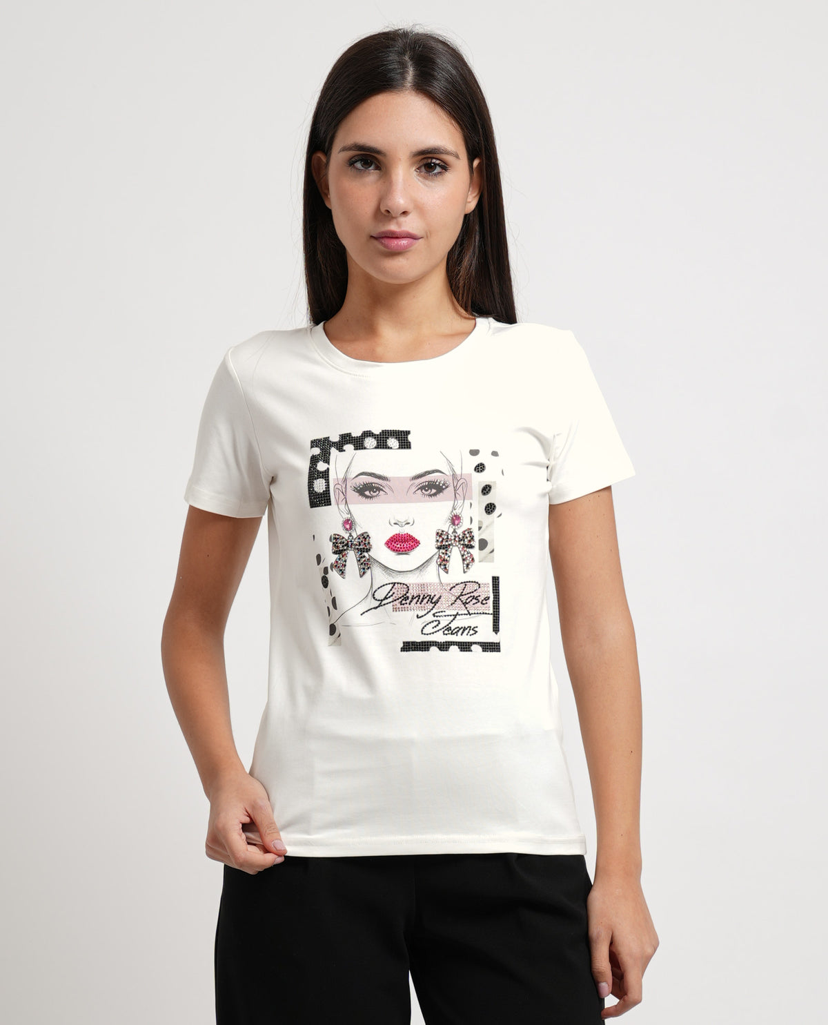 T-shirt girocollo donna Denny Rose con applicazione sul davanti 