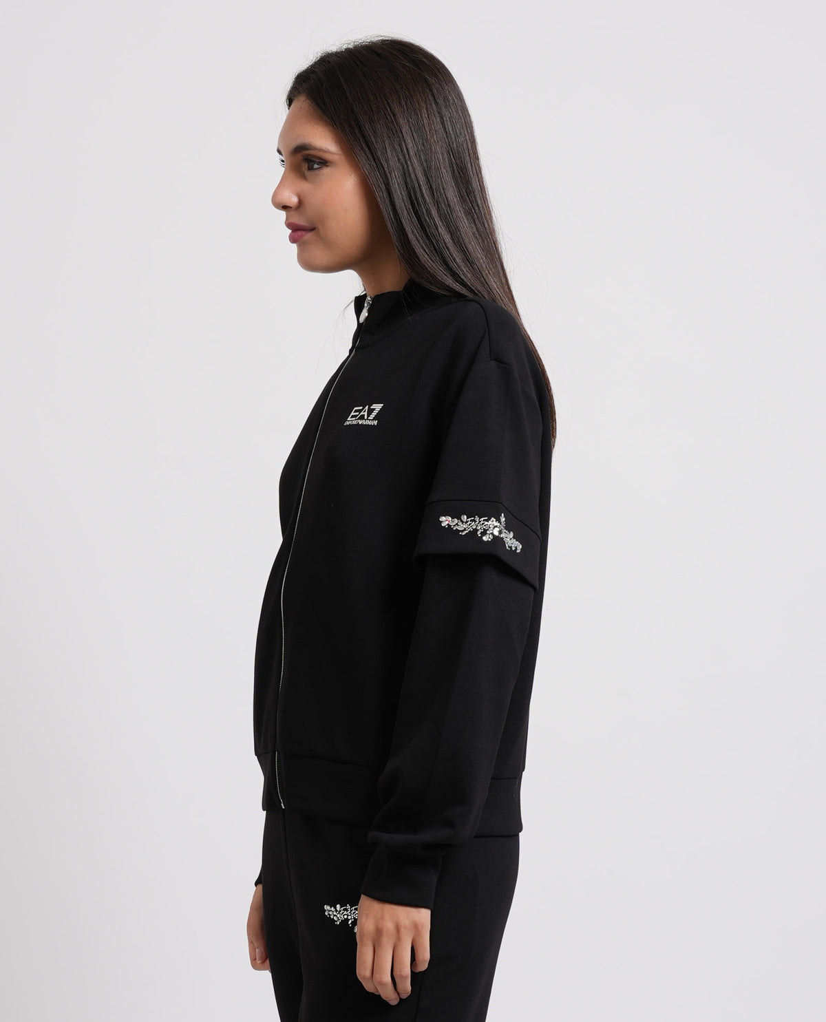 Felpa fullzip EA7 donna con logo e dettagli su manica 