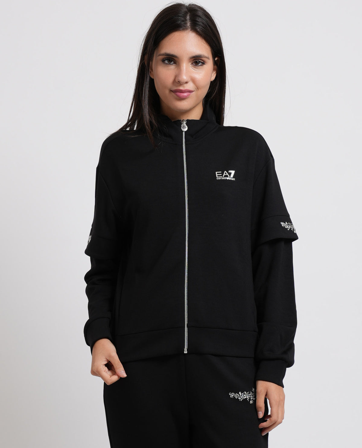 Felpa fullzip EA7 donna con logo e dettagli su manica 