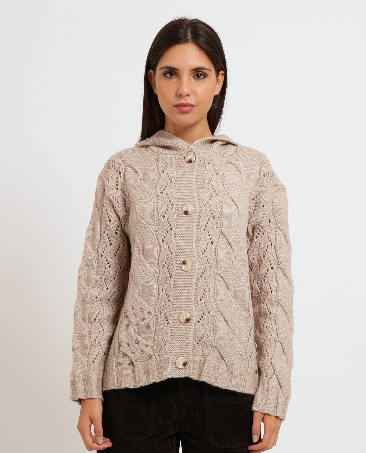 Cardigan Gaudi donna con cappuccio e ricamo intrecciato 