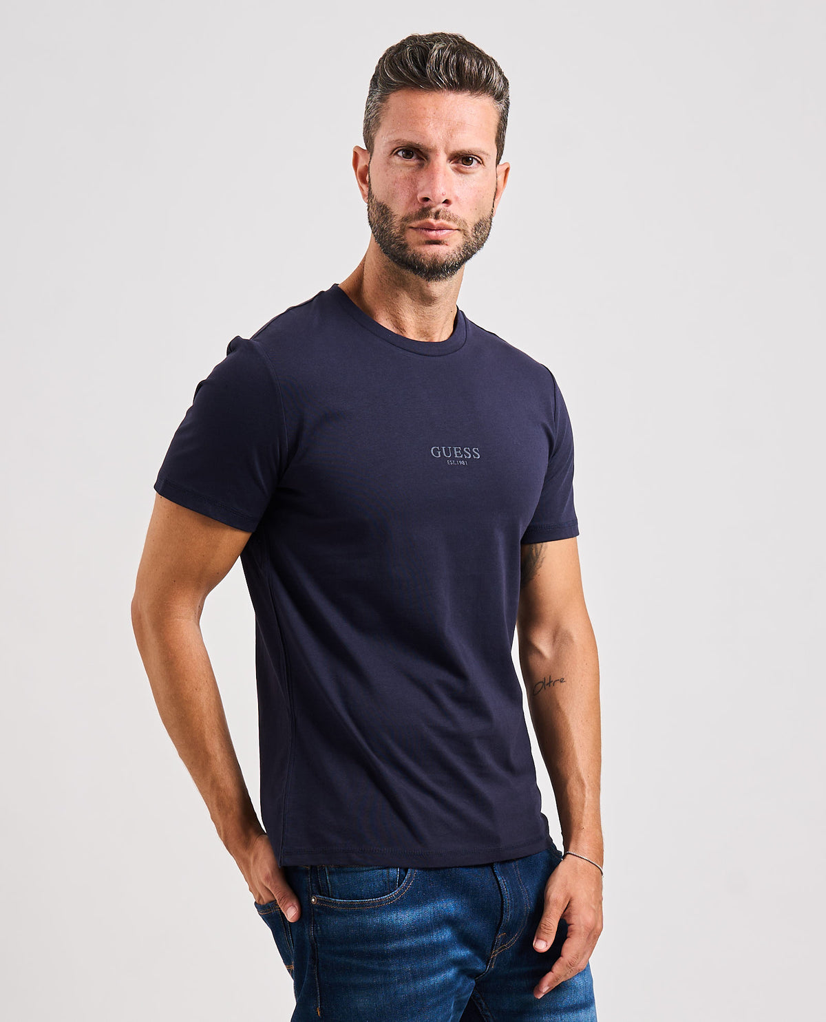 T-shirt blu Aidy uomo Guess girocollo<BR/> 