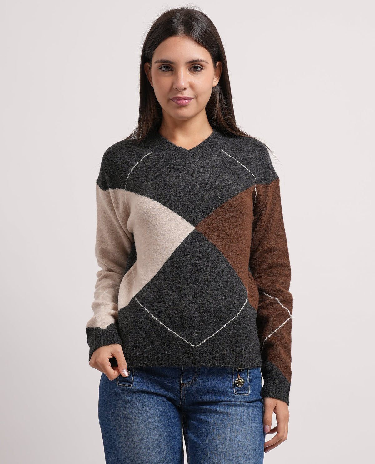 Markup maglia misto lana con scollo a V a rombi 