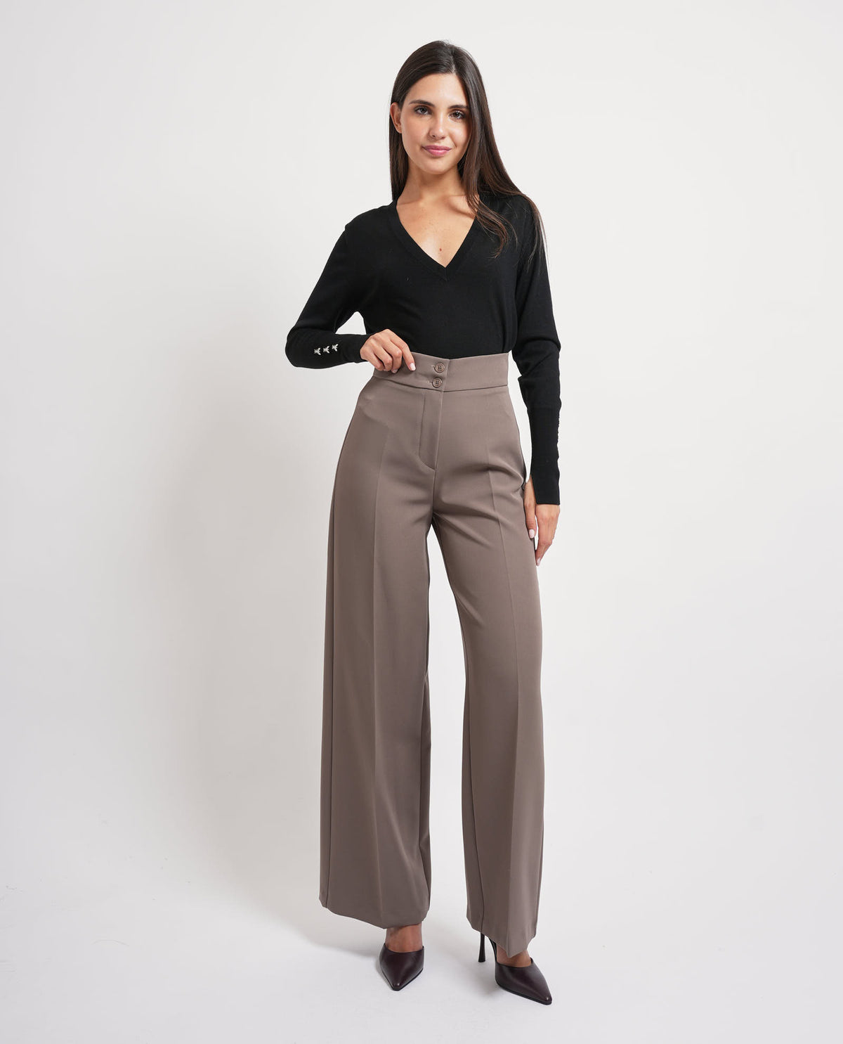 Pantaloni a vita alta Maryley donna con 2 bottoni 