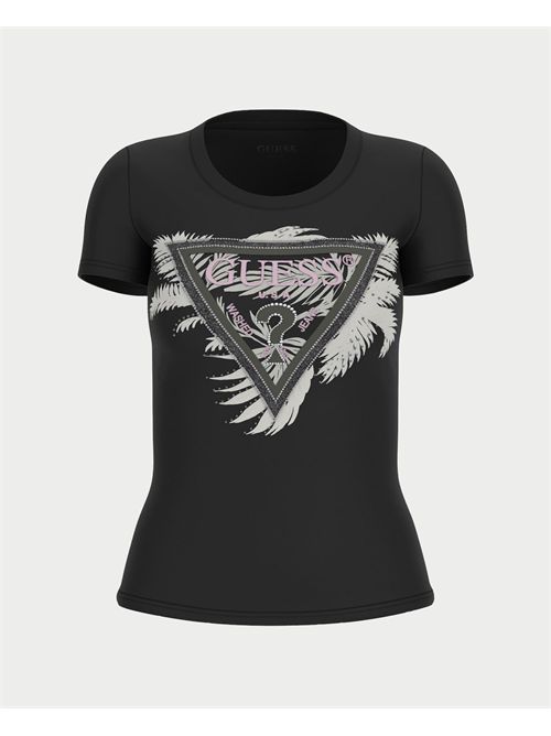 T-Shirt Cn Ss Triangle Palm Print donna Guess GUESS | W5YI13-J1314JBLK